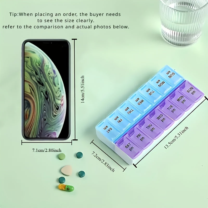 Portable 7-day pill organizer with dual-color compartments made of plastic.