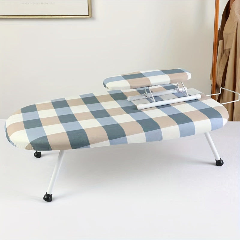 Space-saving foldable ironing board, ideal for home and office use, made of stainless steel and plastic materials.