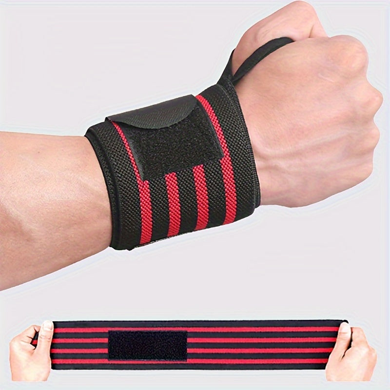 Adjustable compression wrist wrap for weightlifting and dumbbells in blue and black stripes.