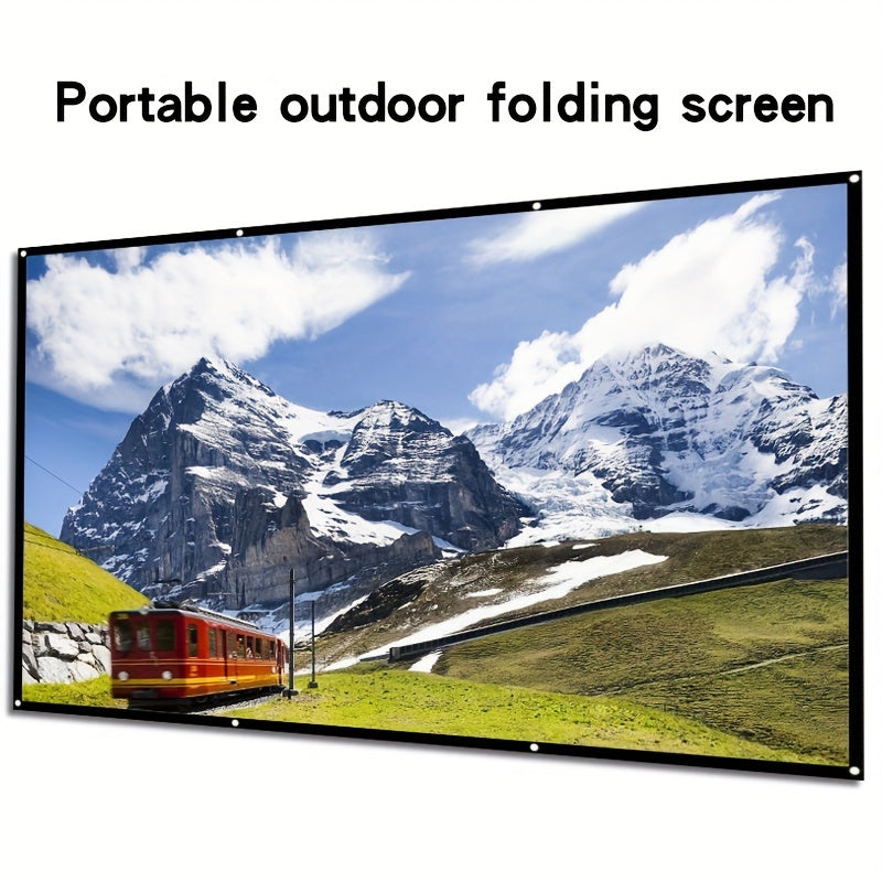 Portable 4K HD foldable projector screen for indoor and outdoor use with anti-wrinkle material. Dual-sided viewing with 16:9 aspect ratio, available in sizes ranging from 152.4cm to 3.81