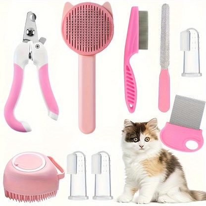 8-piece Cat Grooming Kit with self-cleaning brush, nail clippers, combs, and toothbrush - essential tools for keeping your cat clean, healthy, and happy - in playful pink silicone and