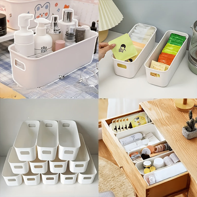 This pack includes 12 stackable plastic storage bins with handles, perfect for organizing office, home, and closet spaces. These durable containers are perfect for storing stationery, cosmetics, socks, and underwear. The space-saving drawer organizers