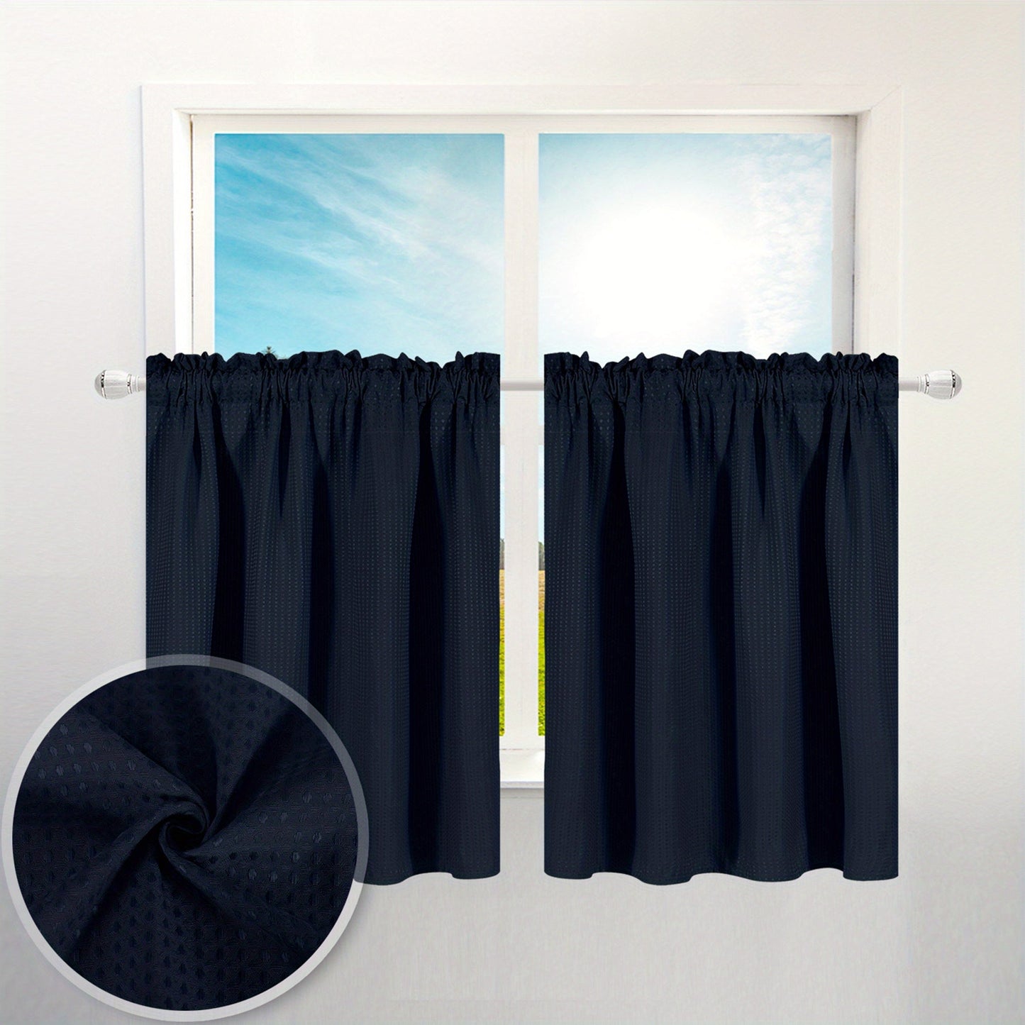 Set of 2 Waffle Weave Half Window Curtains. Waterproof Small Window Curtains for Bathroom, Ideal for Coffee Shops and Kitchens.