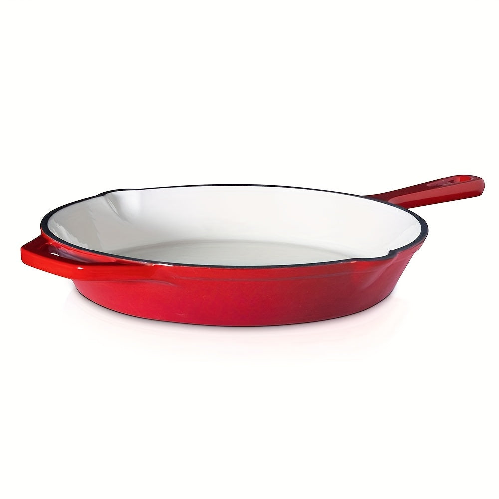 25cm Enamelled Cast Iron Non-Stick Frying Pan with Handles, Durable Kitchen Utensil for All Hobs including Induction and Oven | Dishwasher Safe - Red