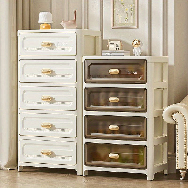 Rolling storage cabinet with drawers in white with transparent fronts, golden handles. Ideal for office, living room, bedroom. Perfect for snacks, documents, underwear, cosmetics. Great for