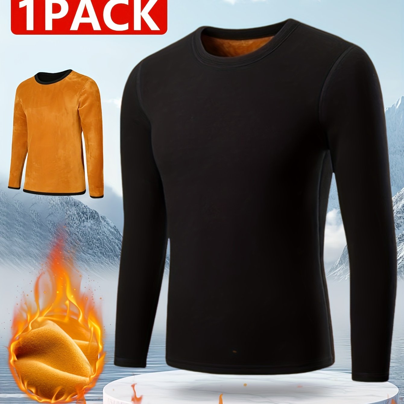 Men's Winter Warmth Top in golden velvet, slim fit with crew neck. Ideal for outdoor activities like cycling and hiking. Made of 95% polyester and 5% spandex with medium stretch knit