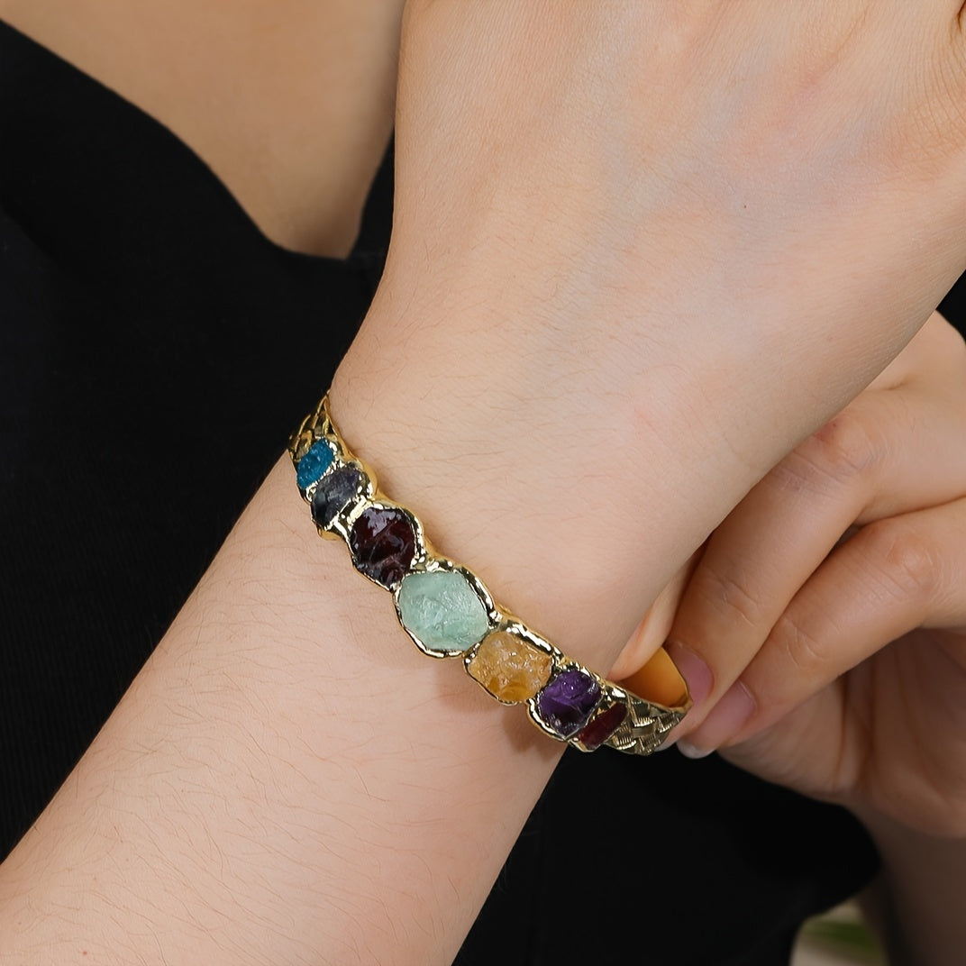 Handmade Bohemian Copper Cuff Bracelet adorned with 7 gemstones, featuring a unique burnt welded design. This beautiful piece showcases a vibrant mosaic of natural rock crystals, making it a perfect accessory for summer parties and Mardi Gras