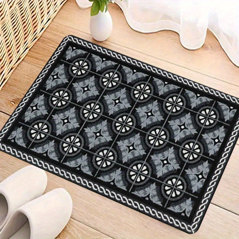 One piece of kitchen mat measuring 1.1cm thick, made from non-slip, durable, and stain-resistant polyester fiber. Features a simple pattern print suitable for use in the kitchen, living room, porch, balcony, or as home décor. Easy to clean as it is