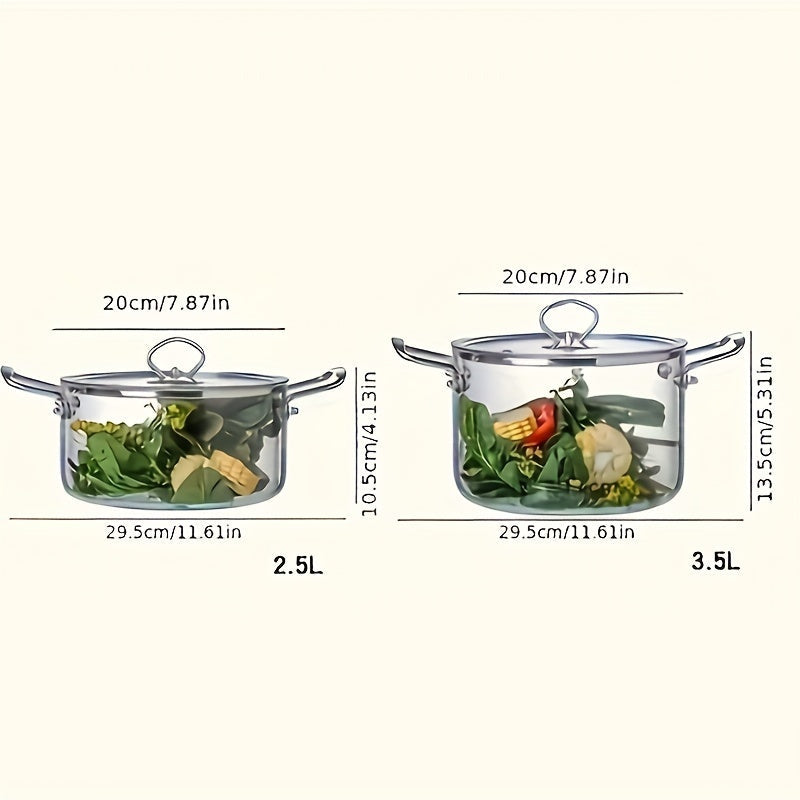 A high-quality glass cooking pot with a stainless steel handle and a lid, crafted from durable borosilicate glass. Ideal for home cooking stew and soup, available in various sizes for your convenience.