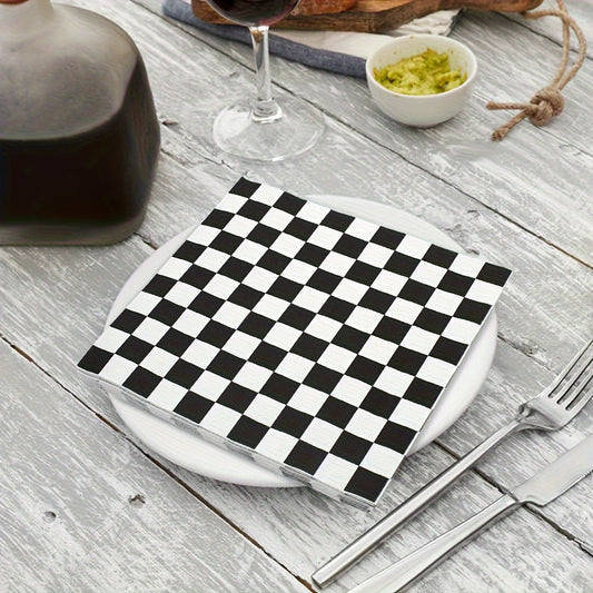 20 Black & White Checkered Disposable Napkins - Size 33.02x33.02 cm, Ideal for Weddings, Parties, and Holiday Celebrations