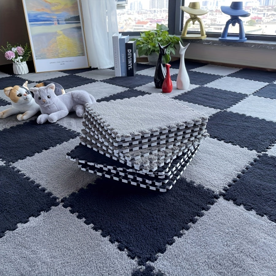 Set of 12 Interlocking Square Carpet Tiles - Made of Soft Polyester, Easy to Hand Wash, Ideal for Decorating Living Room & Bedroom, Each Tile Measures 29.97x29.97 cm