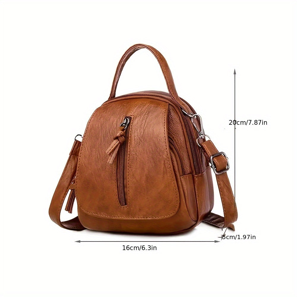 Unisex brown PU crossbody bag with zipper.