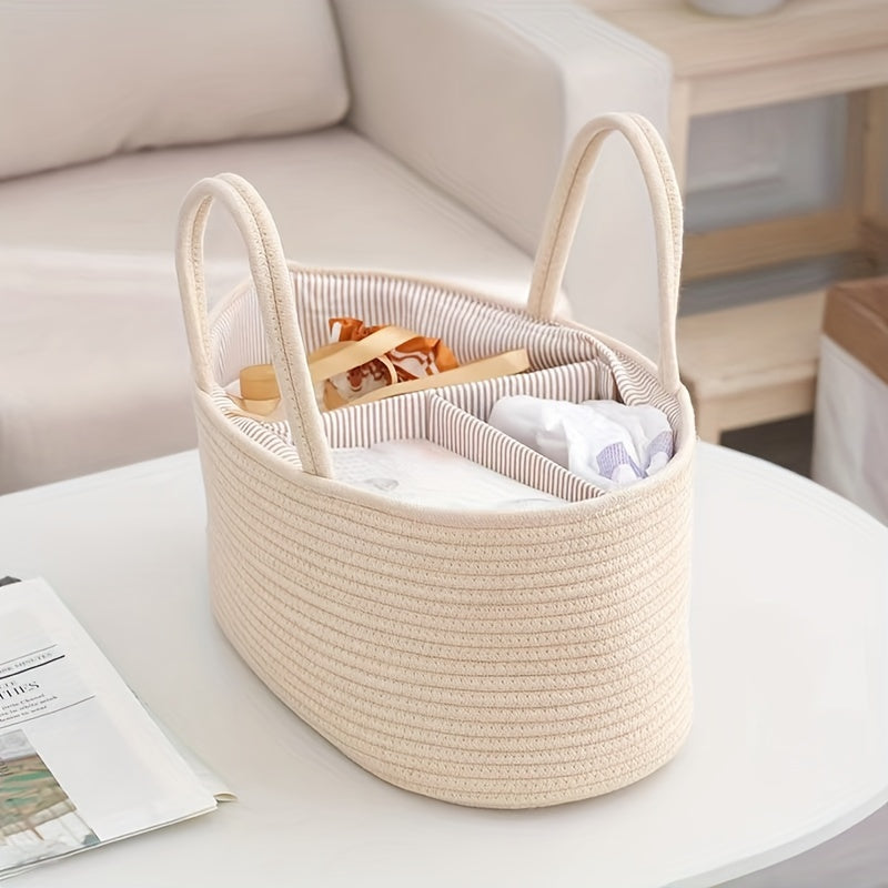 European-style woven storage basket with viewing window, ideal for organizing diapers, toys, and home essentials. Portable and versatile design for home organization needs.