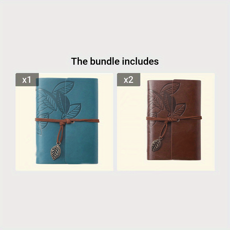 Vintage spiral-bound faux leather notebook with leaf-embossed design and strap closure, available in black, orange, and blue, perfect for students and travelers.