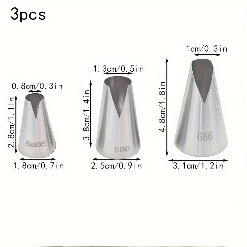 Three pieces of stainless steel V-shaped pastry tips for flawlessly decorated cupcakes and cookies - Santa Anna icing nozzle tips for frosting and puff pastry making - Must-have baking essentials and kitchen accessories.