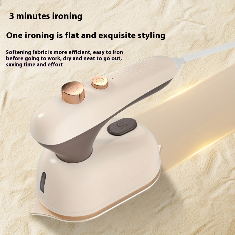 Portable handheld ironing machine with dual-purpose flat and hanging steam iron function. Fast wrinkle removal, uses 220-240V with European standard plug, no battery needed. Perfect for