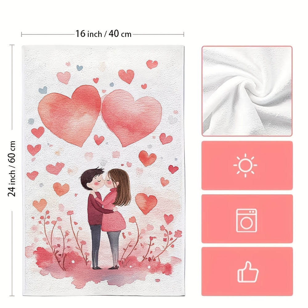 Set of 2 Ultra Soft Valentine's Day Kitchen Towels featuring Romantic Embrace Design, with High Absorbency and Machine Washable Material. Measures 40.64x60.96 cm, Ideal for Holiday Decoration and Kitchen Use