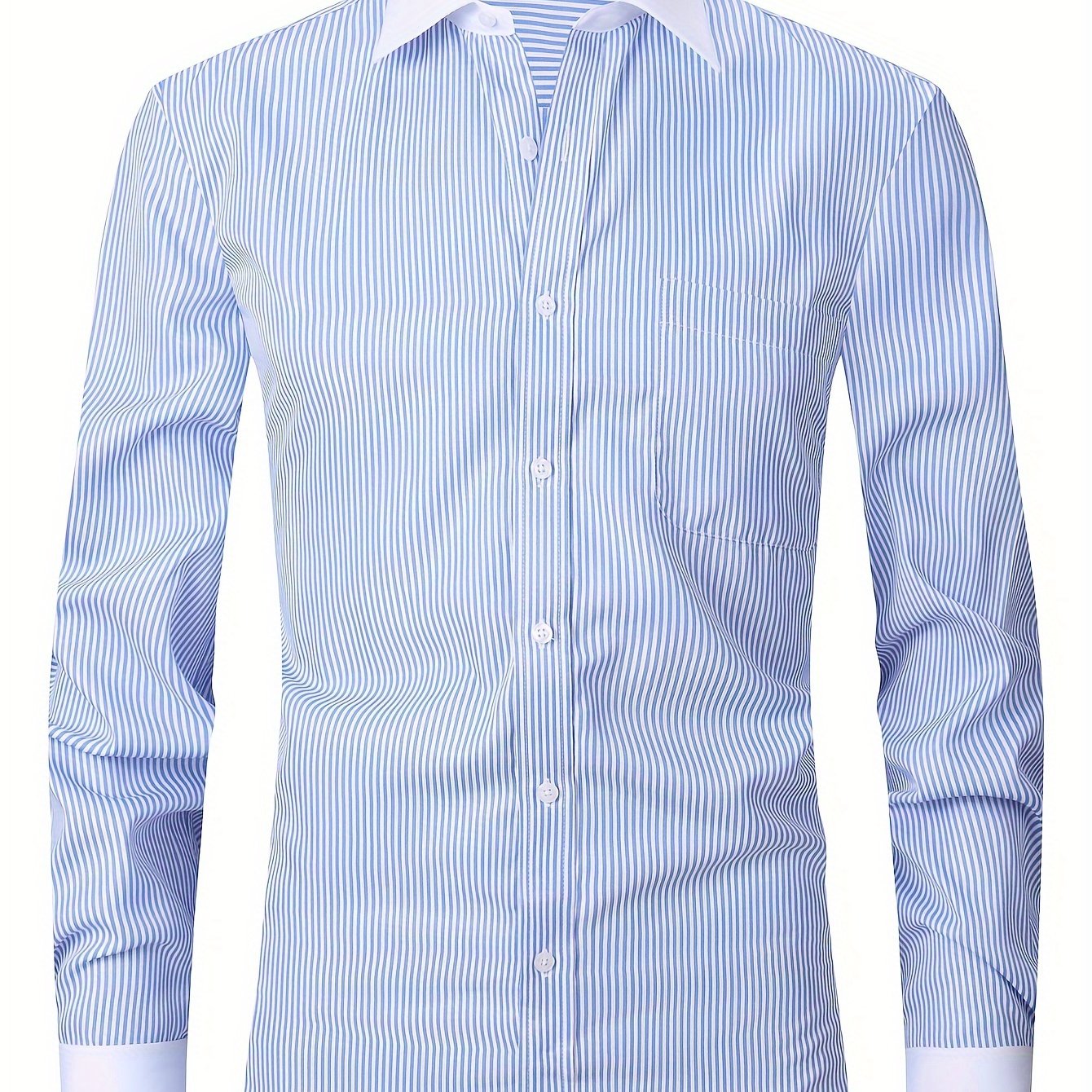 ESEA Men's Elegant French-Style Striped Dress Shirt: Long Sleeve, Double Layered, Cotton Blend with Chest Pocket, Perfect for Weddings & Events, Includes Random Cufflinks