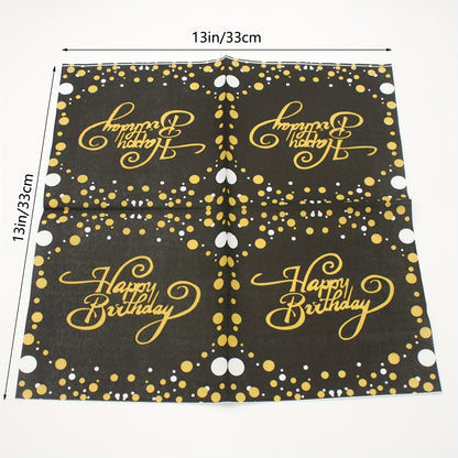 20 Black napkins (33.02cmx33.02cm) with gold Happy Birthday pattern, ideal for events such as weddings, anniversaries, and birthdays.