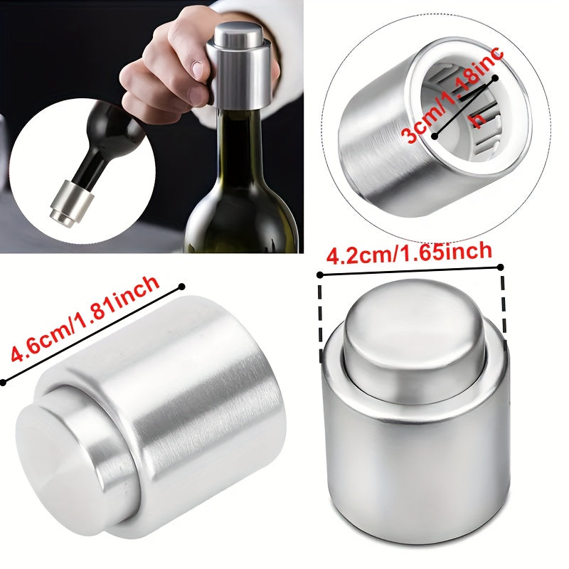 Stainless steel wine bottle stopper set with vacuum seal, perfect for preserving freshness. Great for home use or as a wedding gift.