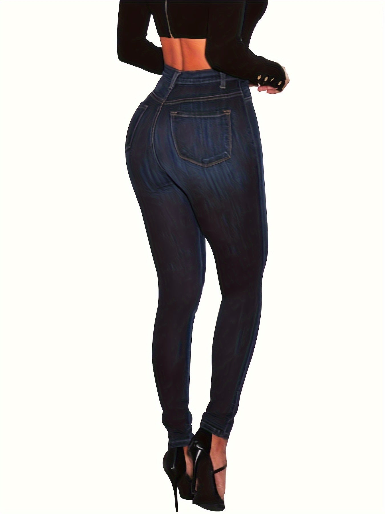 High-waist skinny jeans for women with curve-enhancing fit, button detail, solid color and cotton blend denim suitable for all seasons.