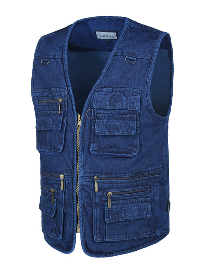 Men's sleeveless denim vest with multi-zipper design, made of 100% cotton. Perfect for outdoor spring and fall wear, casual and trendy.