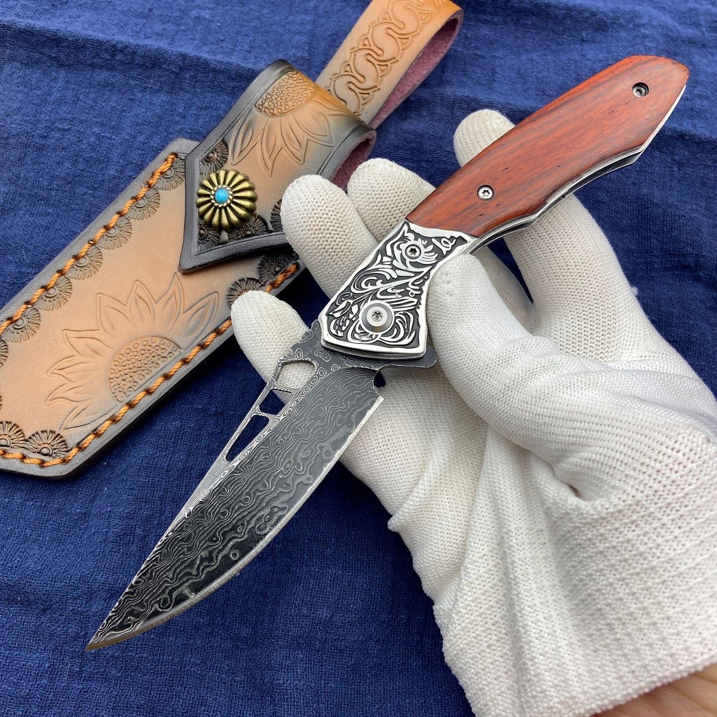 Leather Sheath for Damascus Folding Knife, Beautiful Sunflower Print Design with Convenient Carrying Rope for Easy Transportation