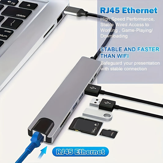 8-in-1 Multi-Port kengaytirish doki, USB-C dan 4K HDTV adapteri, Ethernet, SD/TF karta o'qigichi, tez zaryadlash va USB 3.0/A portlari bilan MacBook va Windows noutbuklari uchun.