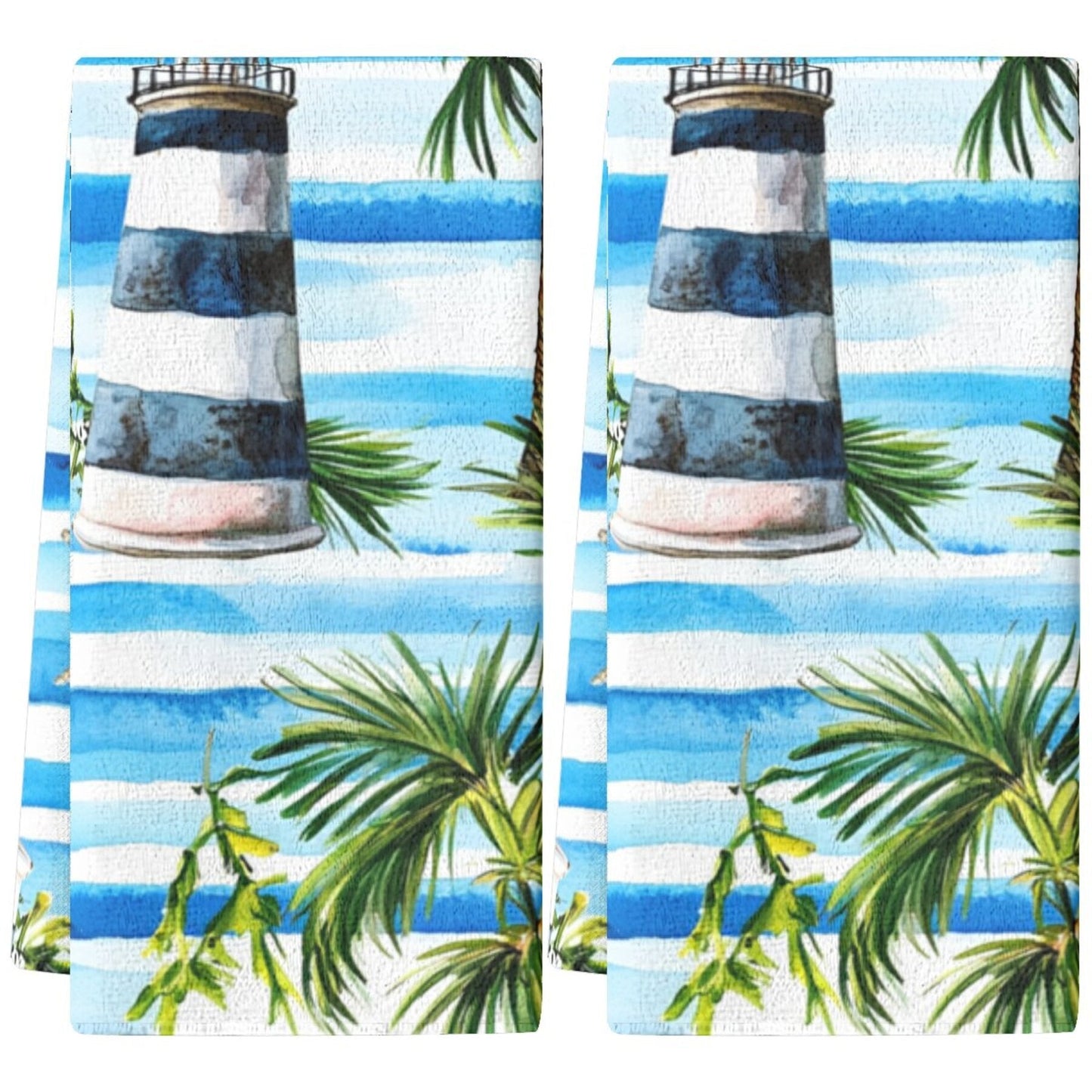 Set of 2 Tropical Lighthouse & Palm Tree Kitchen Towels - Made of Absorbent Polyester for Drying Dishes, featuring a Nautical and Beach Design. Perfect for Home Decor or Housewarming Gifts, but Hand Wash Only.