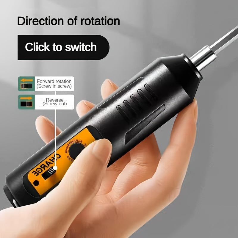 Electric Screwdriver Kit with USB rechargeable 1200mAh lithium battery and ergonomic design, ideal for DIY enthusiasts and professionals.