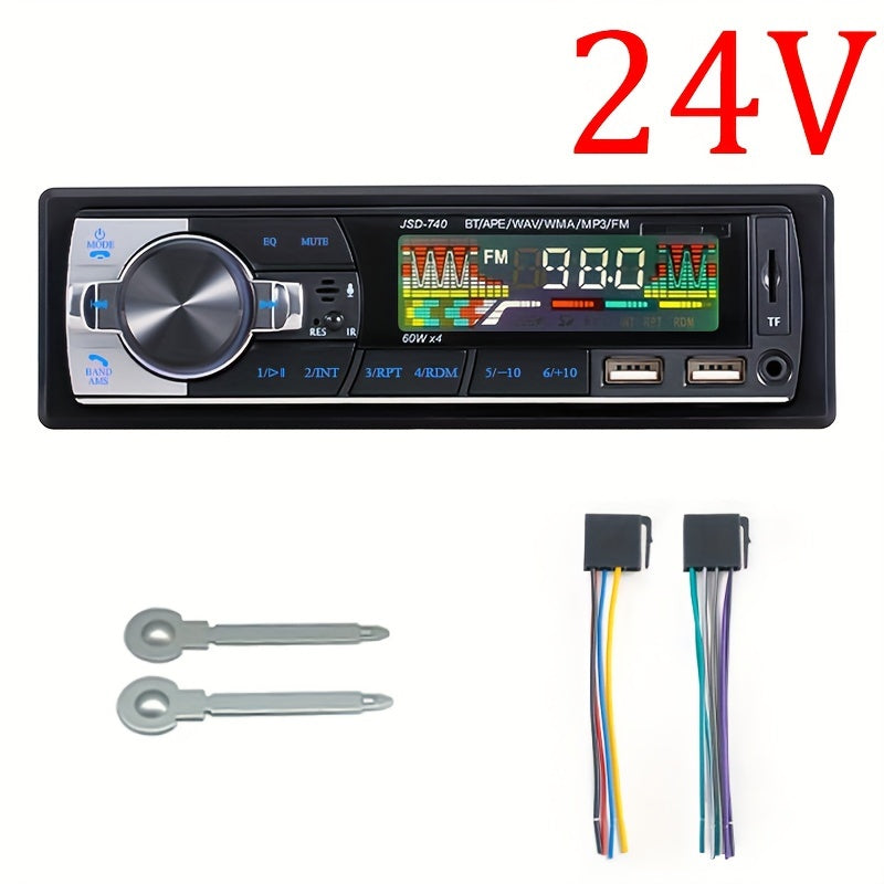 1 DIN car stereo with wireless remote, 60Wx4 FM receiver, AUX/USB/TF support, ISO interface, 12V/24V compatible.