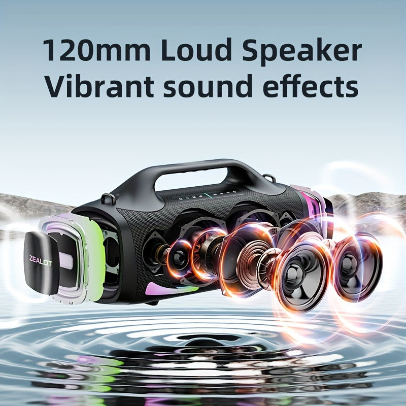 ZEALOT S79 100W Wireless Portable Speaker with 4 Speakers, supports TF Card/USB/AUX/TWS, connects with mobile devices and TVs, ideal for outdoor parties and home theaters.