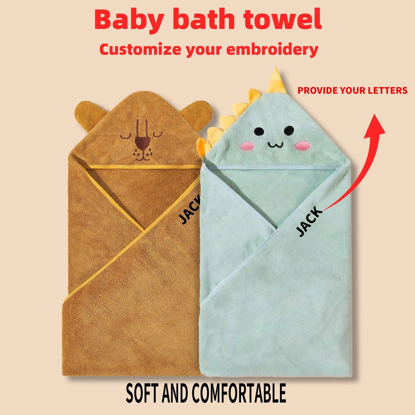 Customize your kids' bath time with these 2 adorable cartoon animal towels. Made from soft and absorbent polyester knit fabric, these towels can be personalized with your child's name. Perfect for Christmas and Halloween gifts, these towels come in a