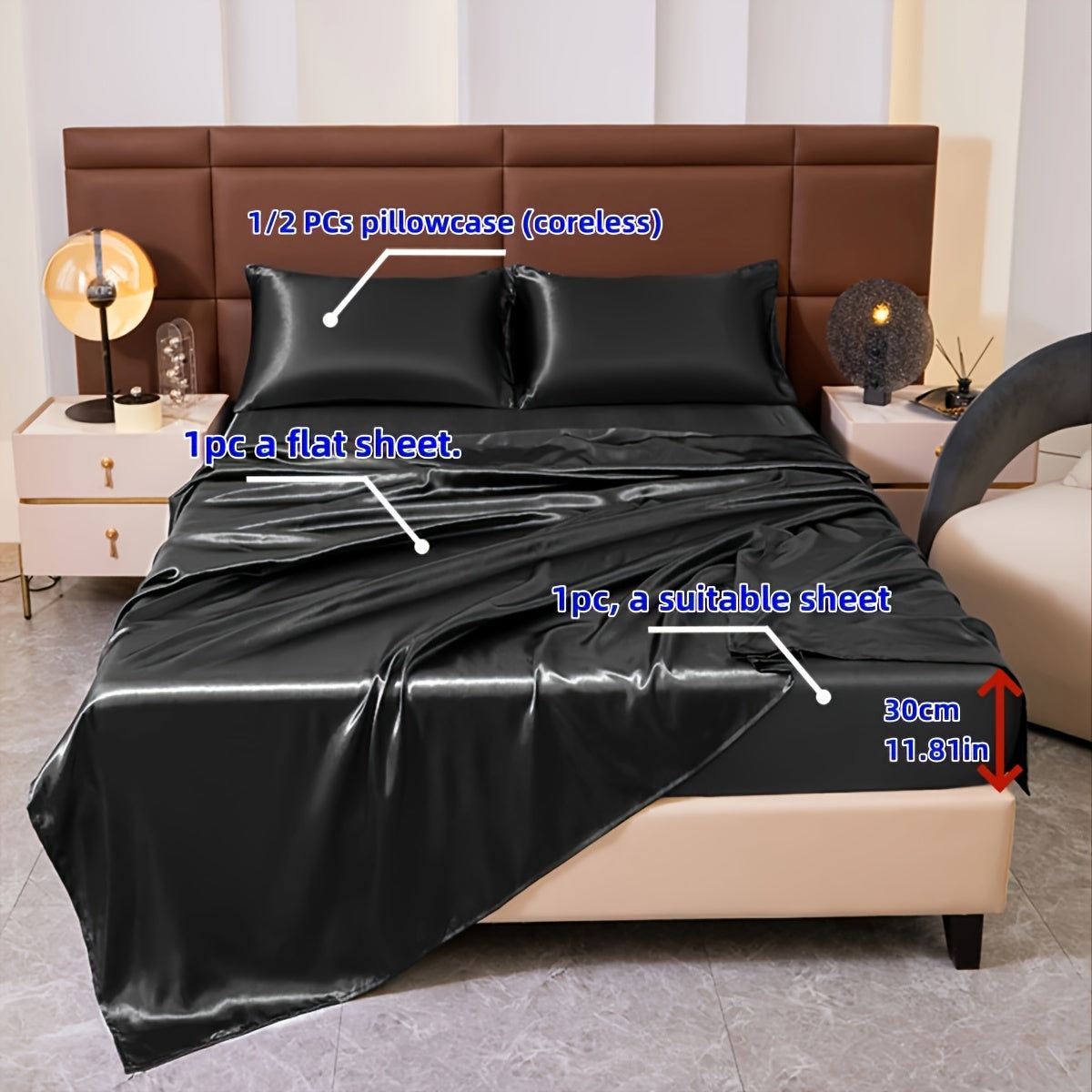 A set of three or four solid color bed sheets and bed skirts, along with half the number of pillowcases, all soft and silky.