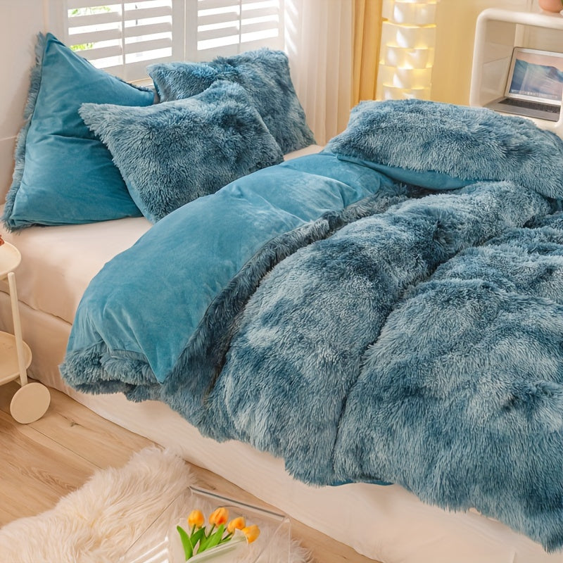 Y2K Tie Dye Plush Duvet Cover Set includes 3 pieces (1 Duvet Cover + 2 Pillowcases), providing soft and warm bedding.