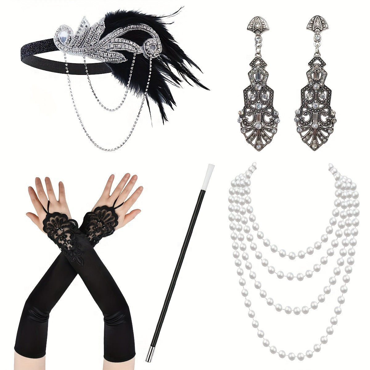 The Gatsby themed set includes a feather headband, gloves, cigarette holder, earrings, pearl necklace, single party makeup, dance Halloween carnival party lady skirt accessories, headwear, hand decoration, long pearl necklace, simulation pipe, and a