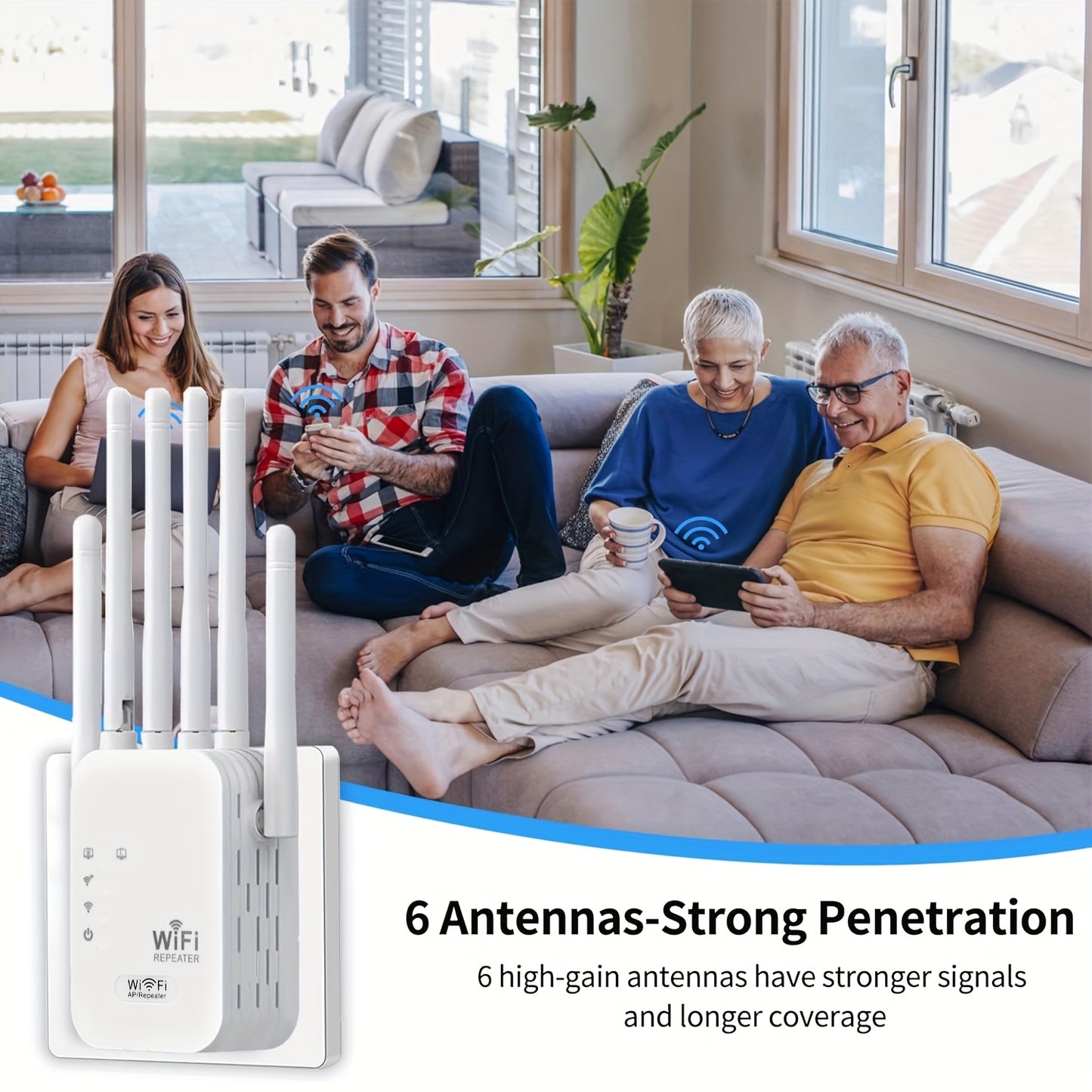 European Standard 1200Mbps Wifi Range Extender with dual-band signal, 6 antennas for full coverage, plug-in design, Ethernet port, and long-distance reception.