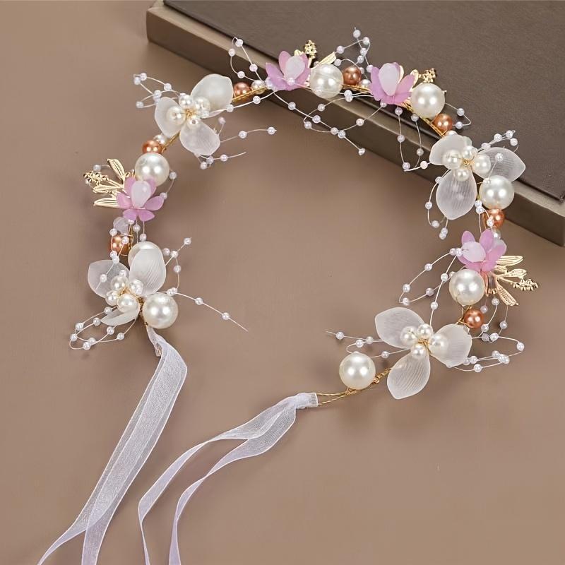 Elegant bridal headband featuring golden leaves, floral wreath, and faux pearls - ideal for weddings & special occasions