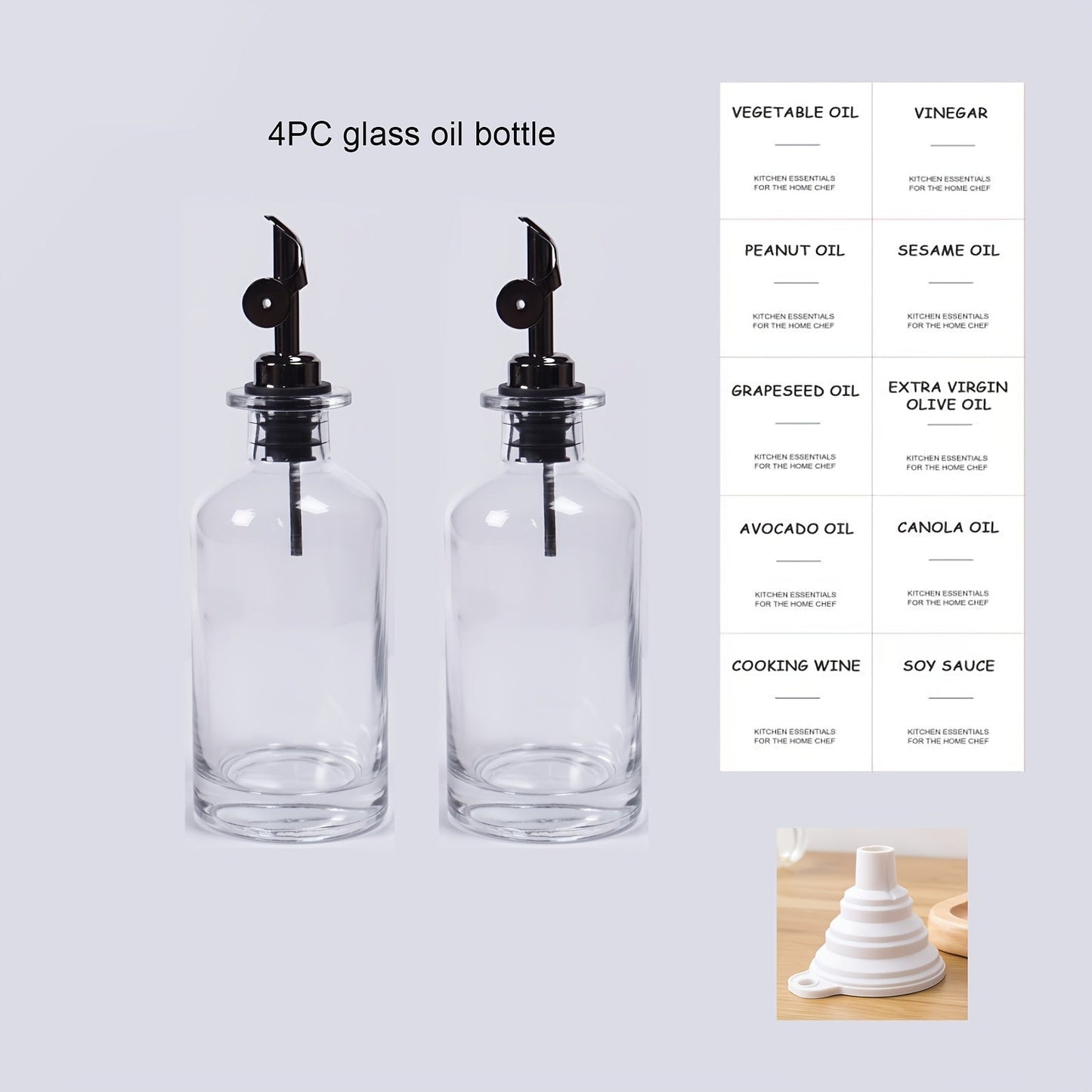 Set of 4 Automatic Opening and Closing Oil and Vinegar Containers including an Olive Oil Bottle, Zhenli Bottle, Transparent Oil Container, and Vinegar Bottle. Also includes a Seasoning Bottle for the kitchen. These leak-proof bottles are perfect for