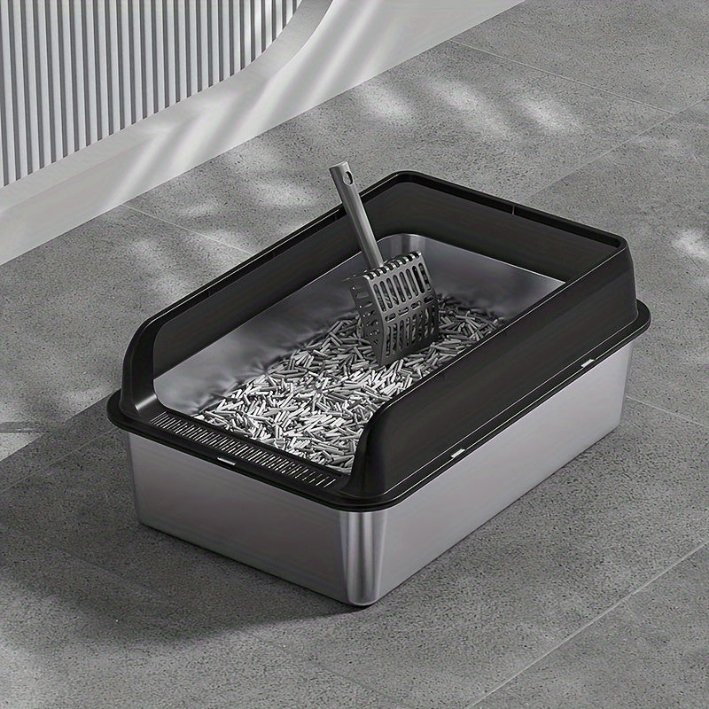 Large stainless steel cat litter box with enclosed top, high-sided, odor-resistant, leak-proof, easy to clean, includes scoop.