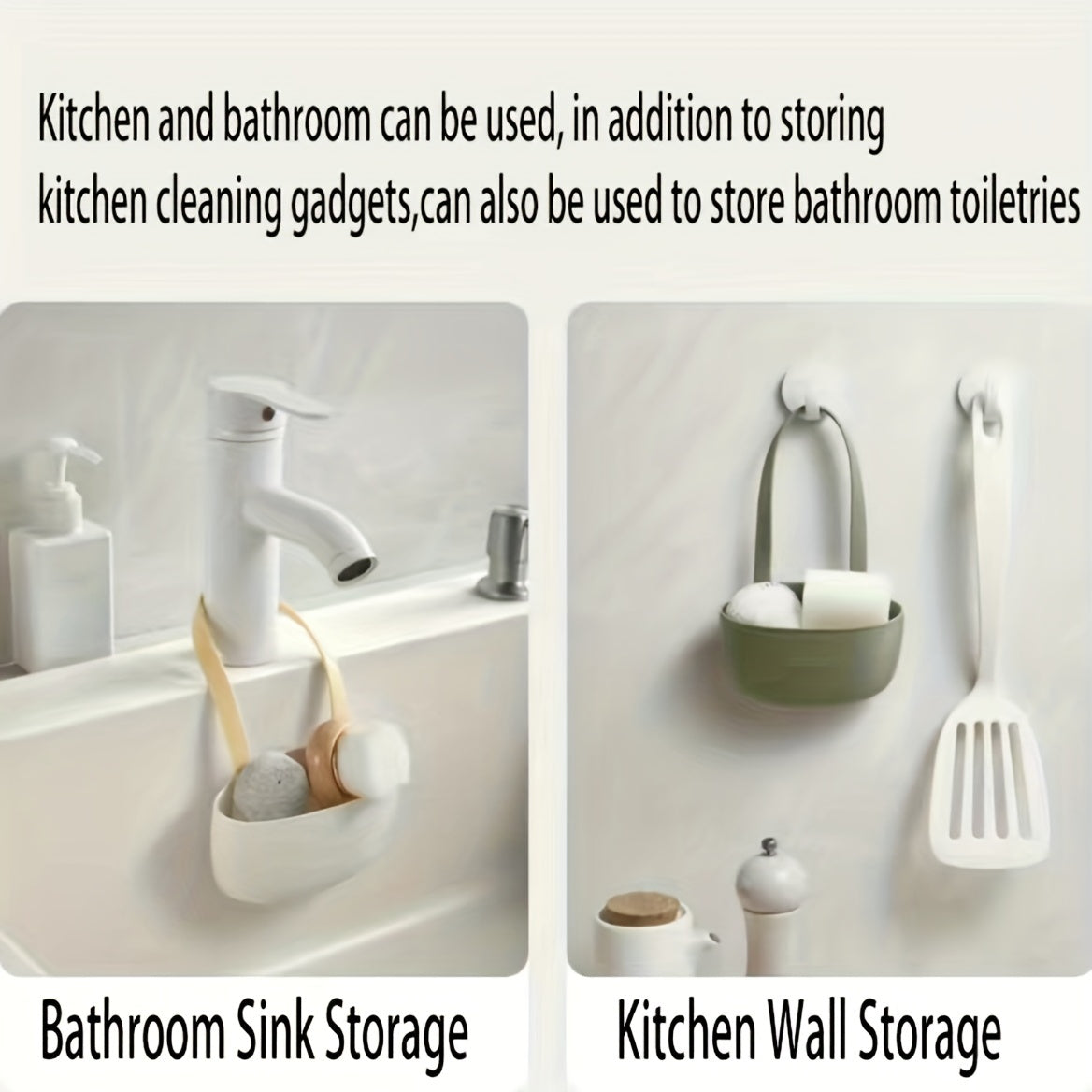 Sink storage supplies including a draining rack, hanging basket, and double draining hanging bag for organizing your home sink. Also includes a drying rack, soap sponge holder, washcloth organizer, and bathroom soap shelf. Perfect for keeping your