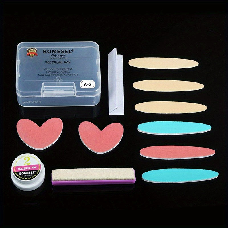 Set includes manicure tools for polishing nails.