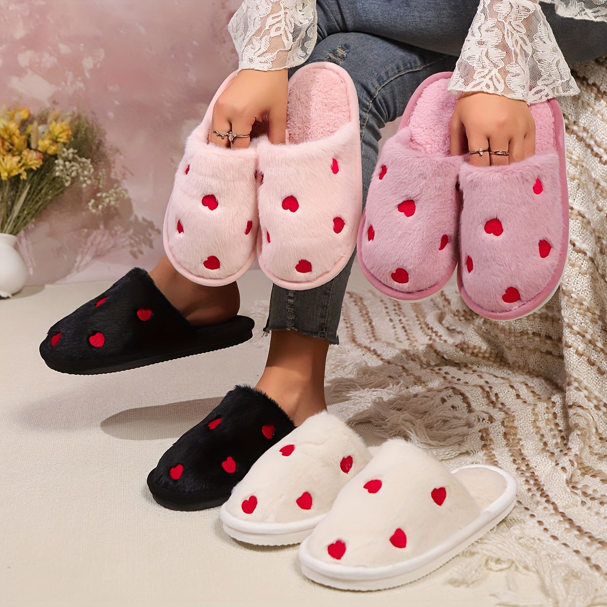 Soft and warm women's winter slippers with heart pattern - cozy and cute design, non-slip sole, hand washable, available in black, white, pink.