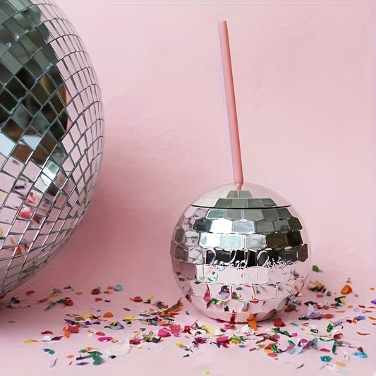 Spherical glitter ball cup with straw, perfect for parties.