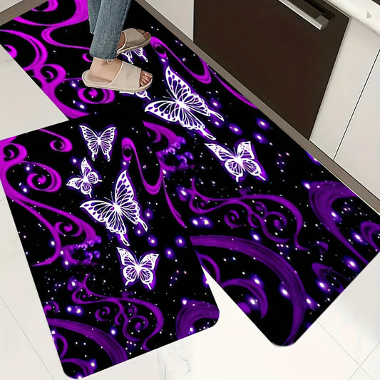 Soft Butterfly Kitchen Mat Set with Non-slip and Oil-proof Features - This waterproof runner mat is dirt-resistant and perfect as an entrance doormat or for use in the kitchen, living room, laundry room, or bathroom. The water-absorbing floor mat set is