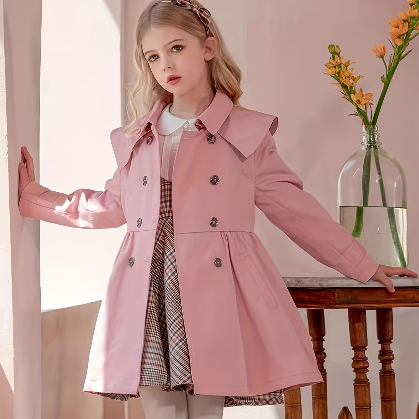 New princess-style trench coat for girls, tailored waist, British outerwear for autumn and winter.