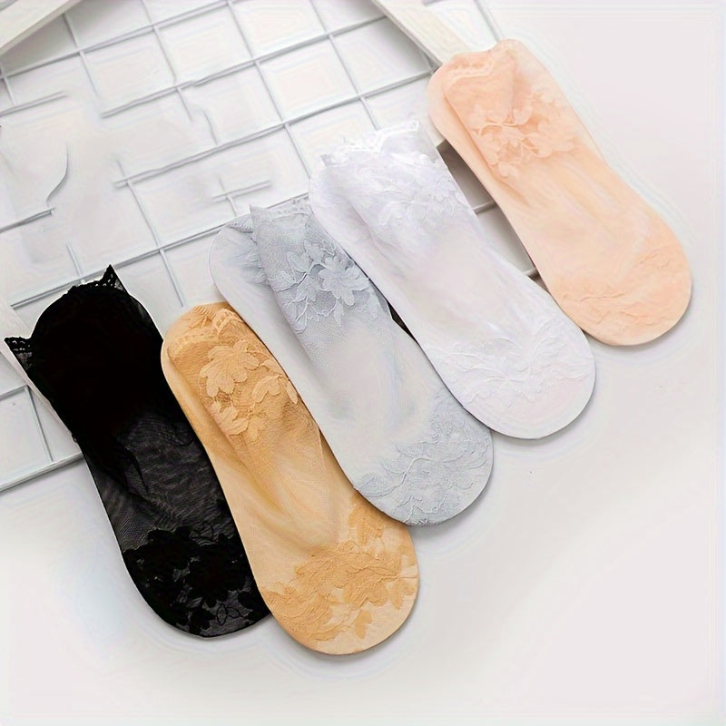 5 pairs of sheer lace mesh socks for women, lightweight and breathable.