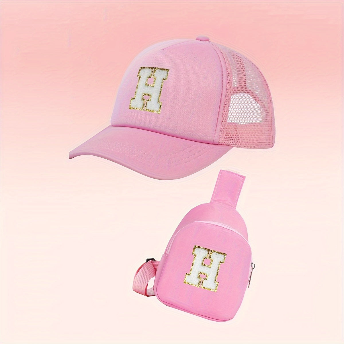 Alphabet-themed 2-piece set for girls includes a polyester baseball cap and bag, suitable for ages 3-14. Features a fitted, breathable design ideal for daily wear and special occasions