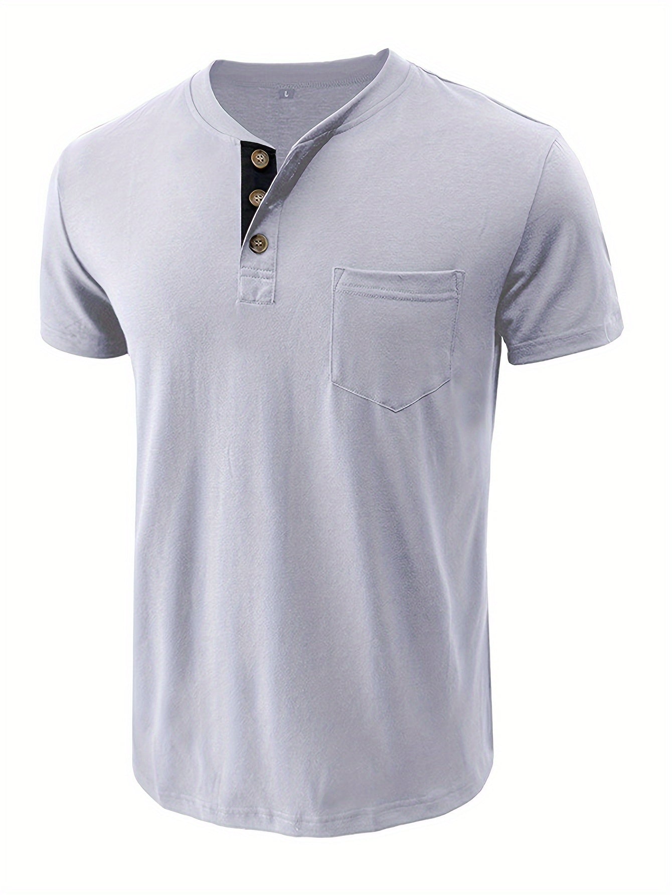 Men's Classic Blue Henley Shirt with Comfortable Fit, Casual Short Sleeve, Chest Pocket, Round Neck, Machine Washable - Ideal for Casual Attire.