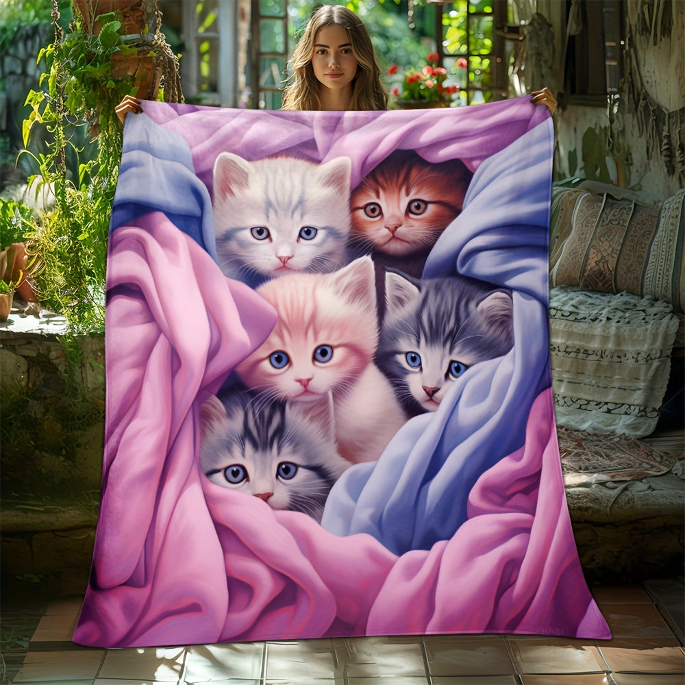 Get cozy with this adorable blue and pink kitten blanket! Perfect for any sofa, office couch, bed, or even travel and camping. This lightweight flannel blanket features digital printing and is super soft and warm. It also makes a great gift for family